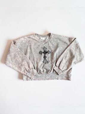 Daisy Street Acid Wash Sweatshirt Womens Large Graphic Cross Cropped Pullover